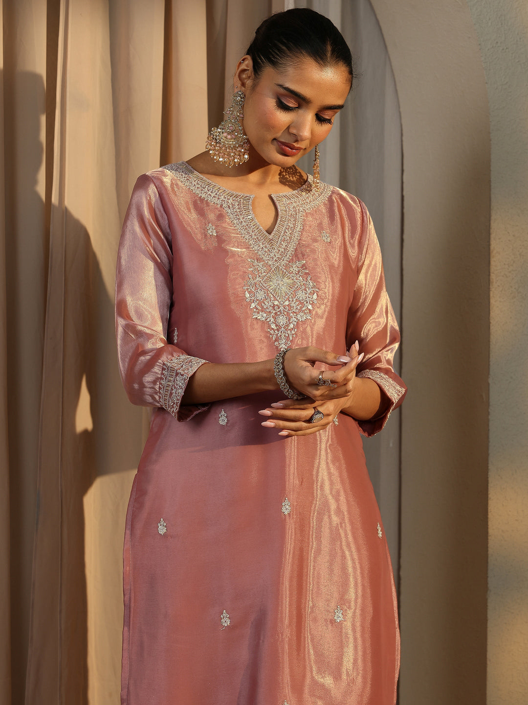 Pink Embroidered Organza Straight Suit Set With Dupatta