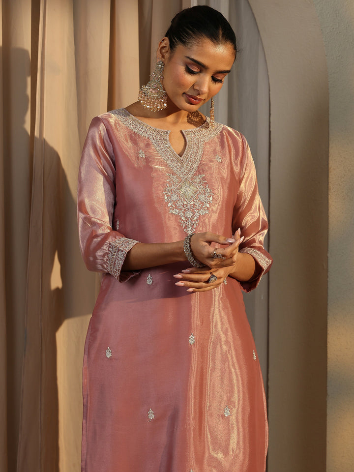 Pink Embroidered Organza Straight Suit Set With Dupatta