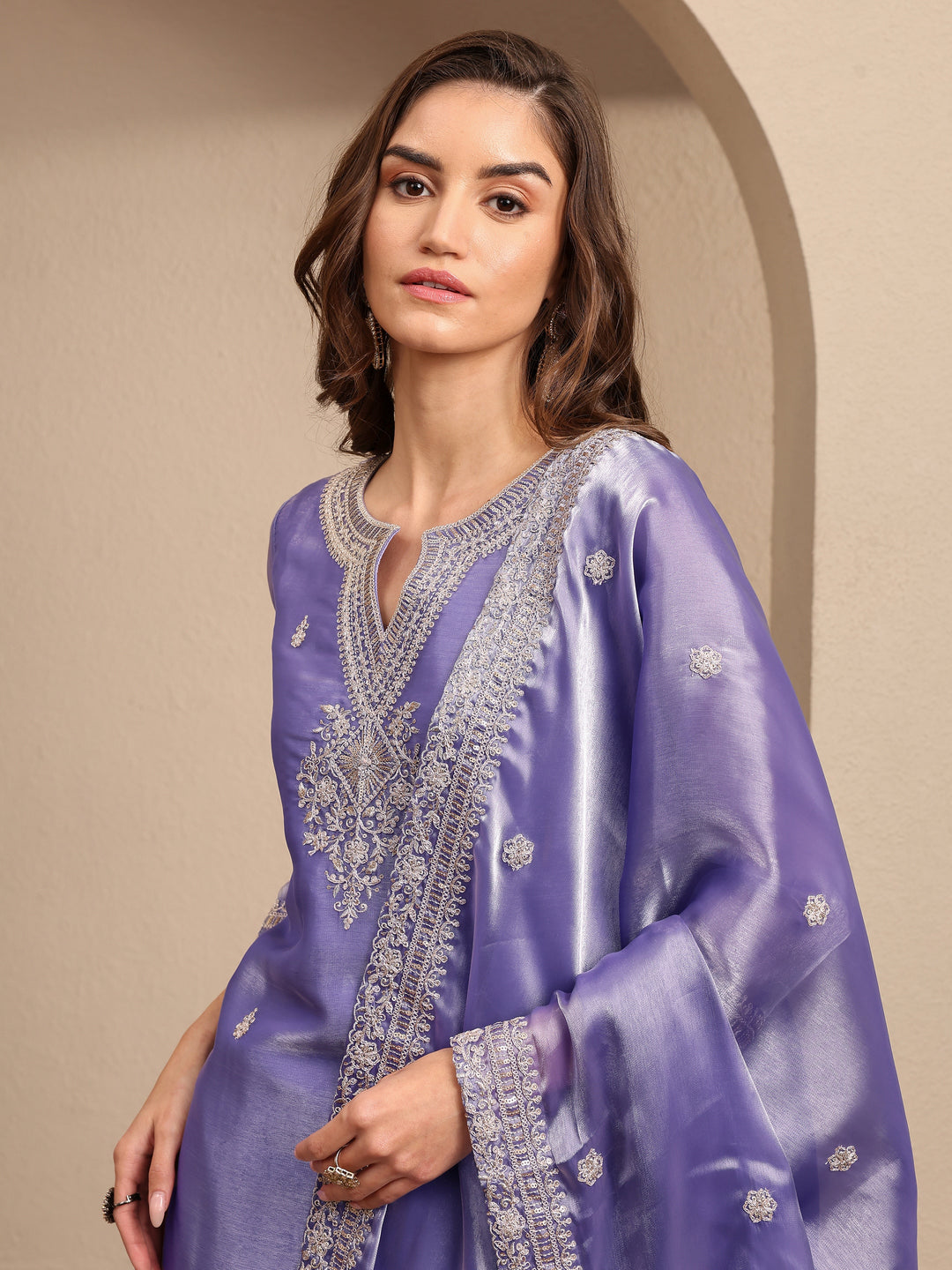 Lavender Embroidered Organza Straight Suit Set With Dupatta