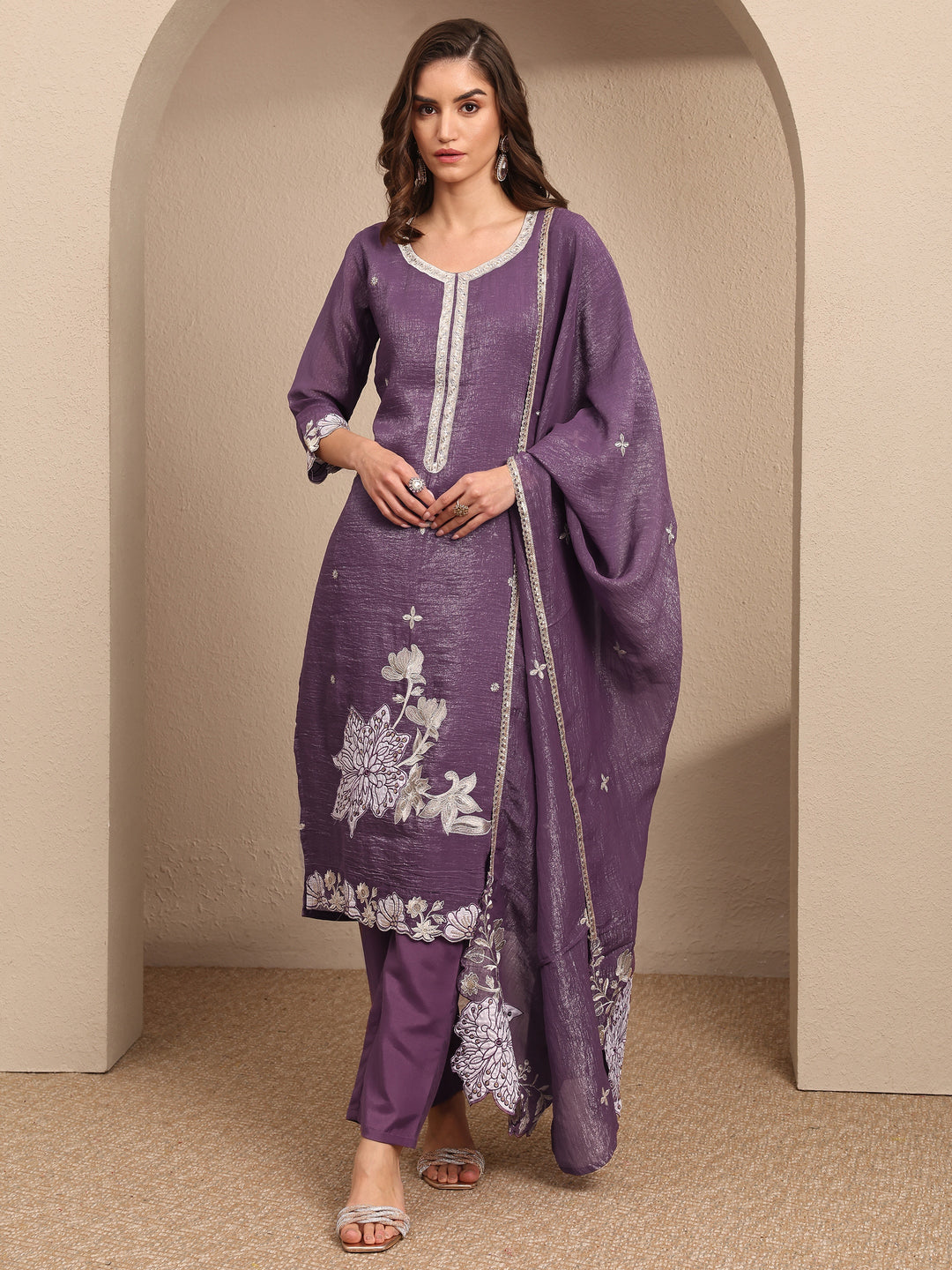 Purple Embroidered Chinon Straight Suit Set With Dupatta
