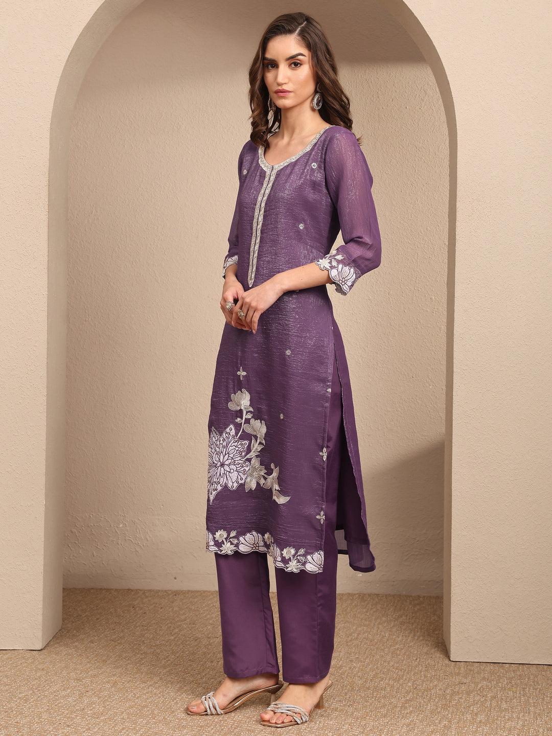 Purple Embroidered Chinon Straight Suit Set With Dupatta