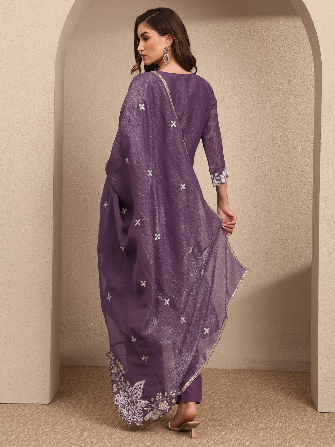 Purple Embroidered Chinon Straight Suit Set With Dupatta