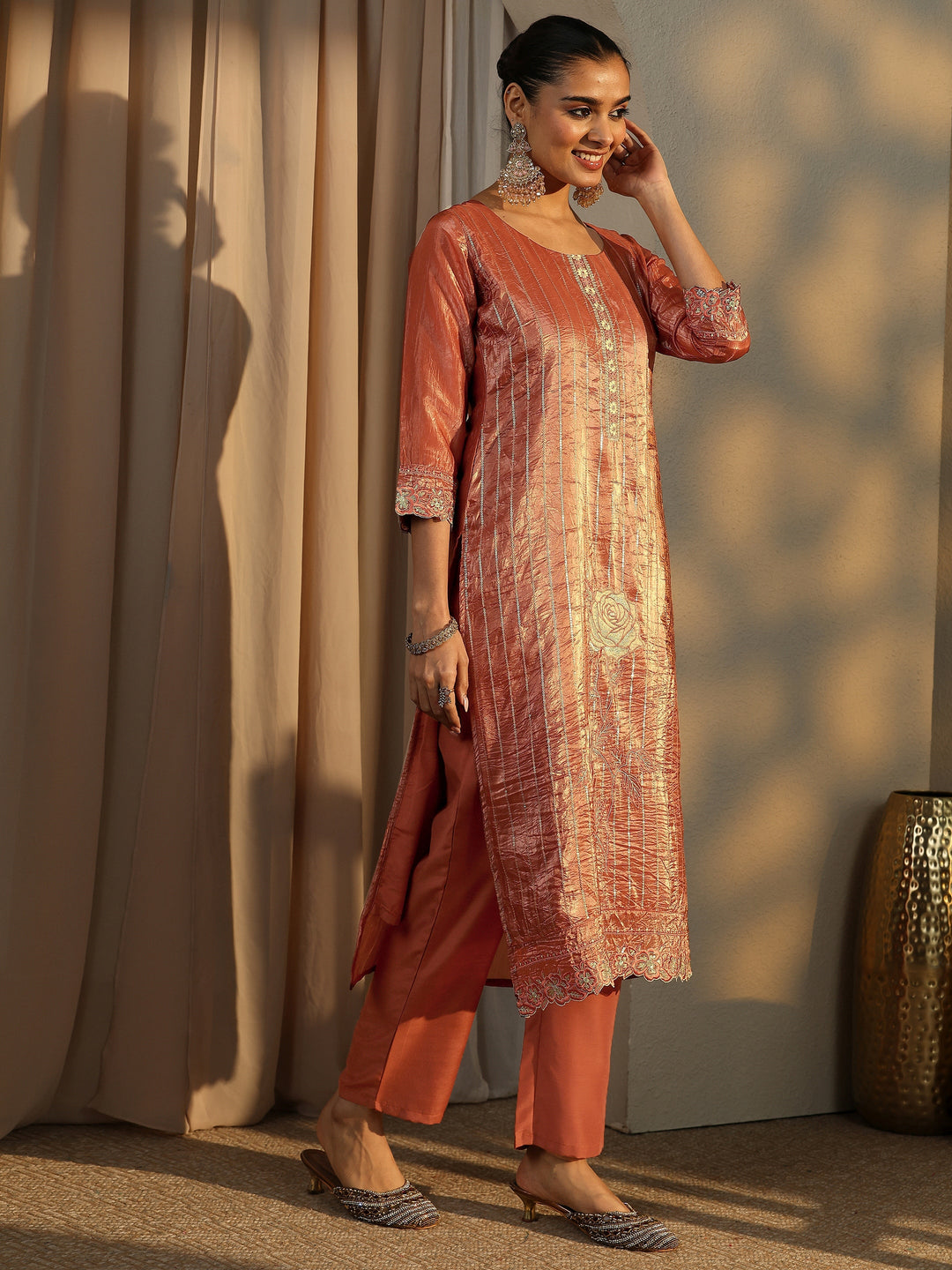 Rust Embroidered Organza Straight Suit Set With Dupatta