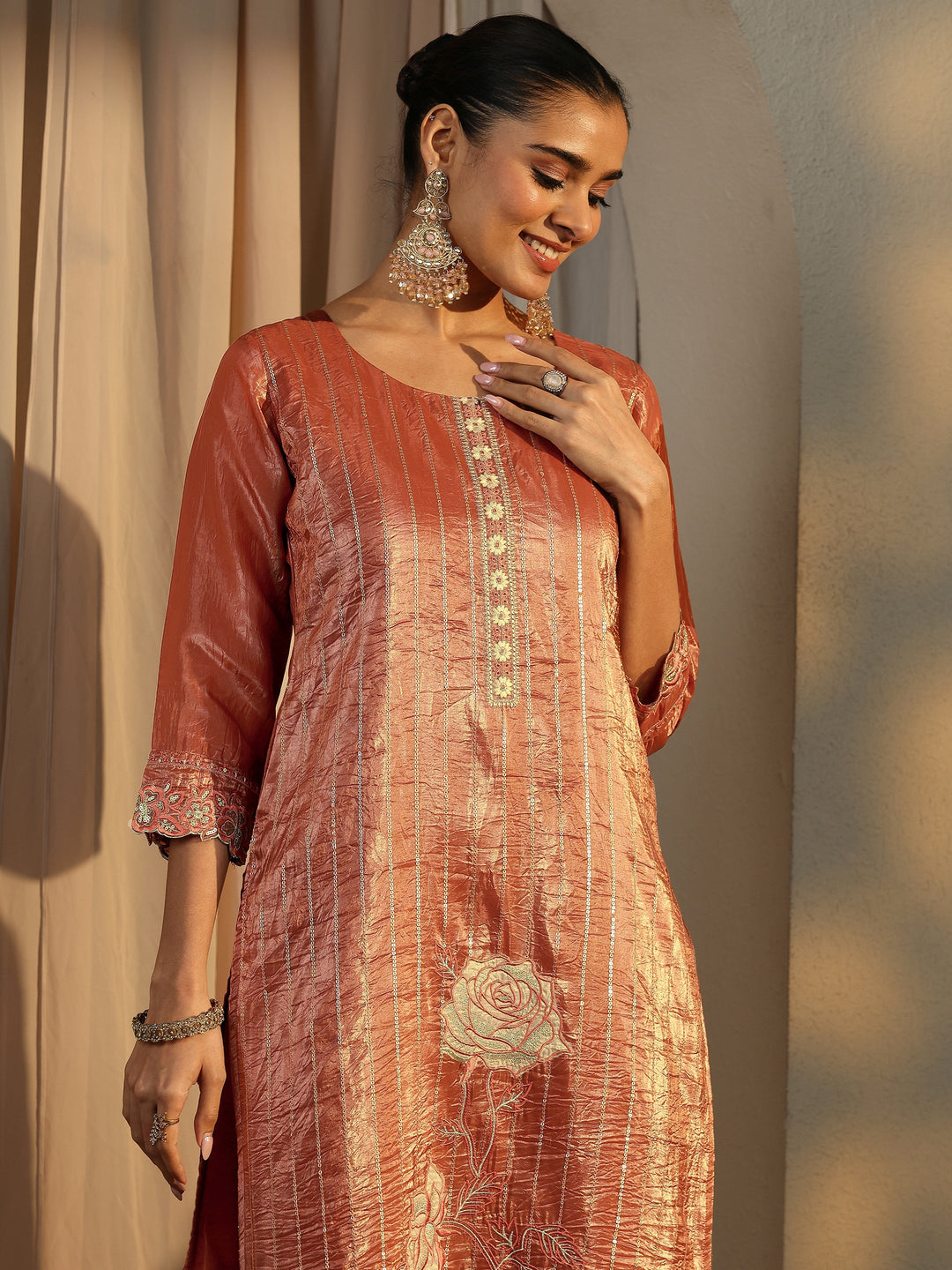 Rust Embroidered Organza Straight Suit Set With Dupatta