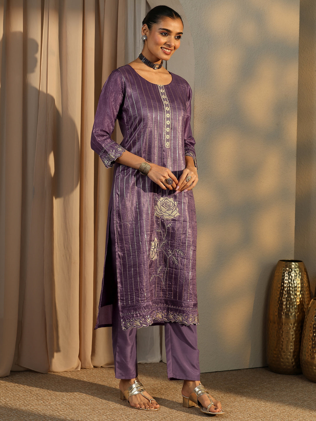 Purple Embroidered Organza Straight Suit Set With Dupatta