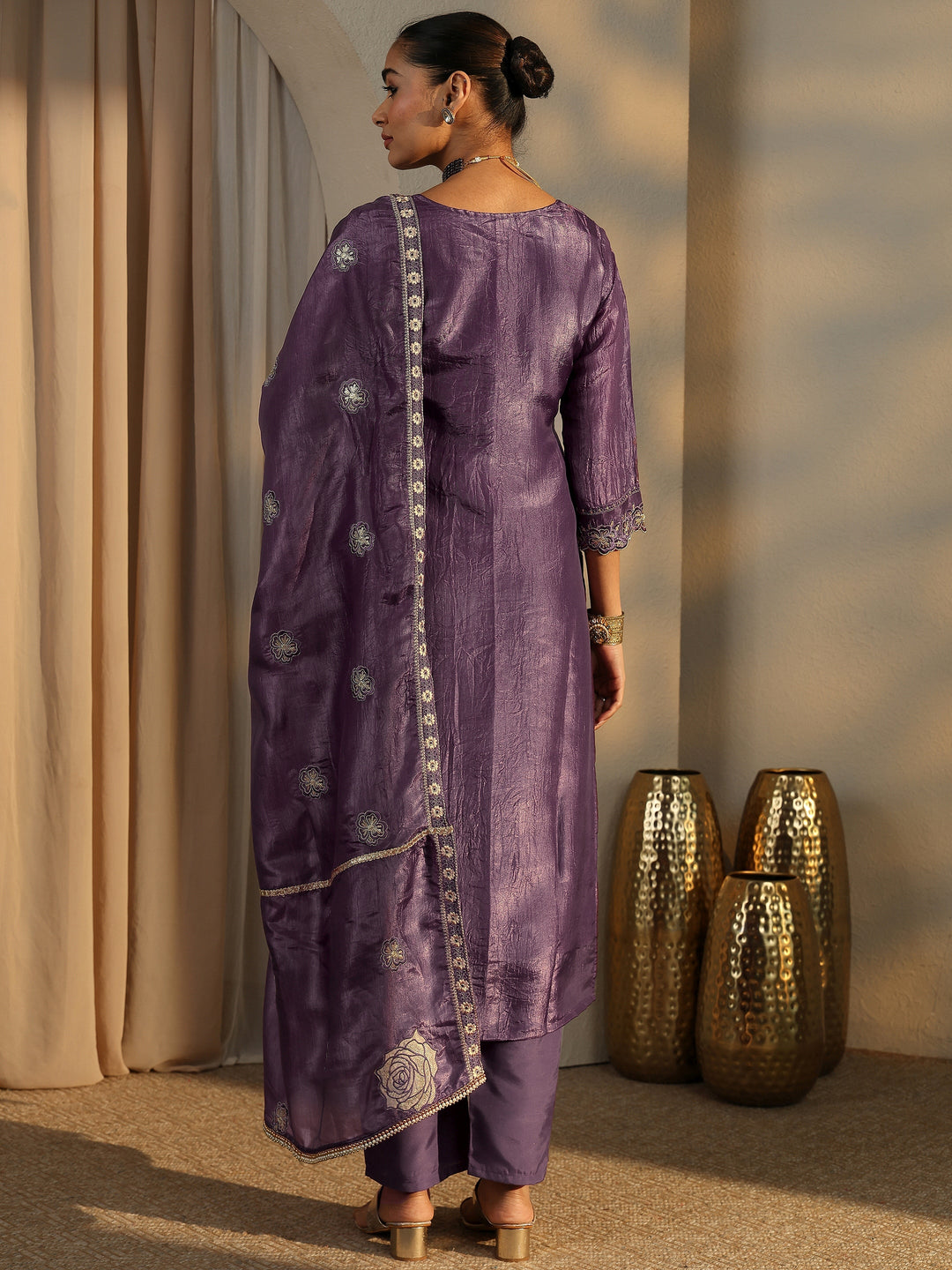 Purple Embroidered Organza Straight Suit Set With Dupatta