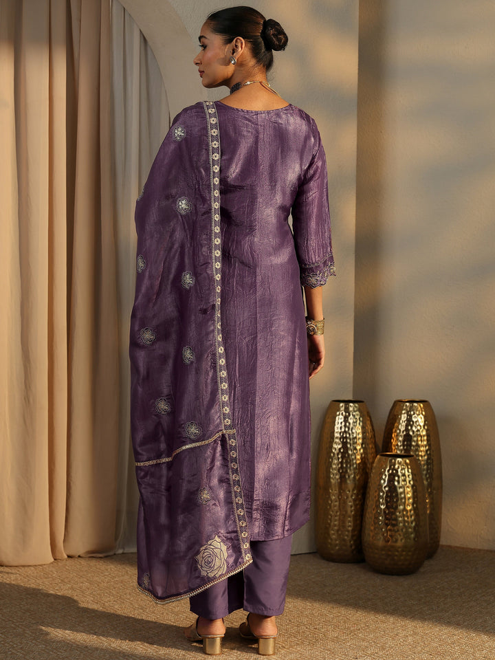 Purple Embroidered Organza Straight Suit Set With Dupatta