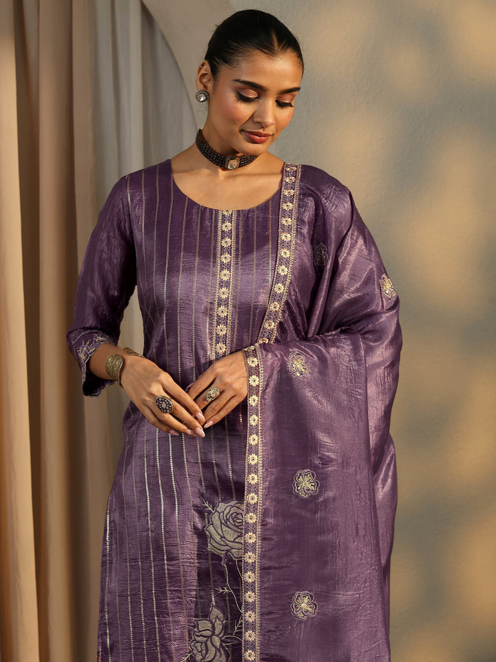 Purple Embroidered Organza Straight Suit Set With Dupatta