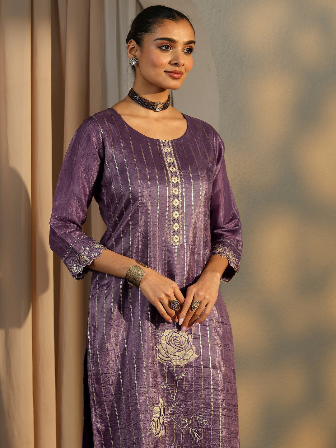Purple Embroidered Organza Straight Suit Set With Dupatta