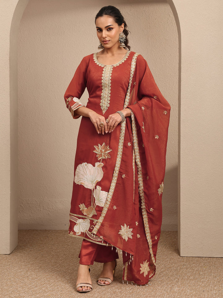 Rust Embroidered Chinon Straight Suit Set With Dupatta