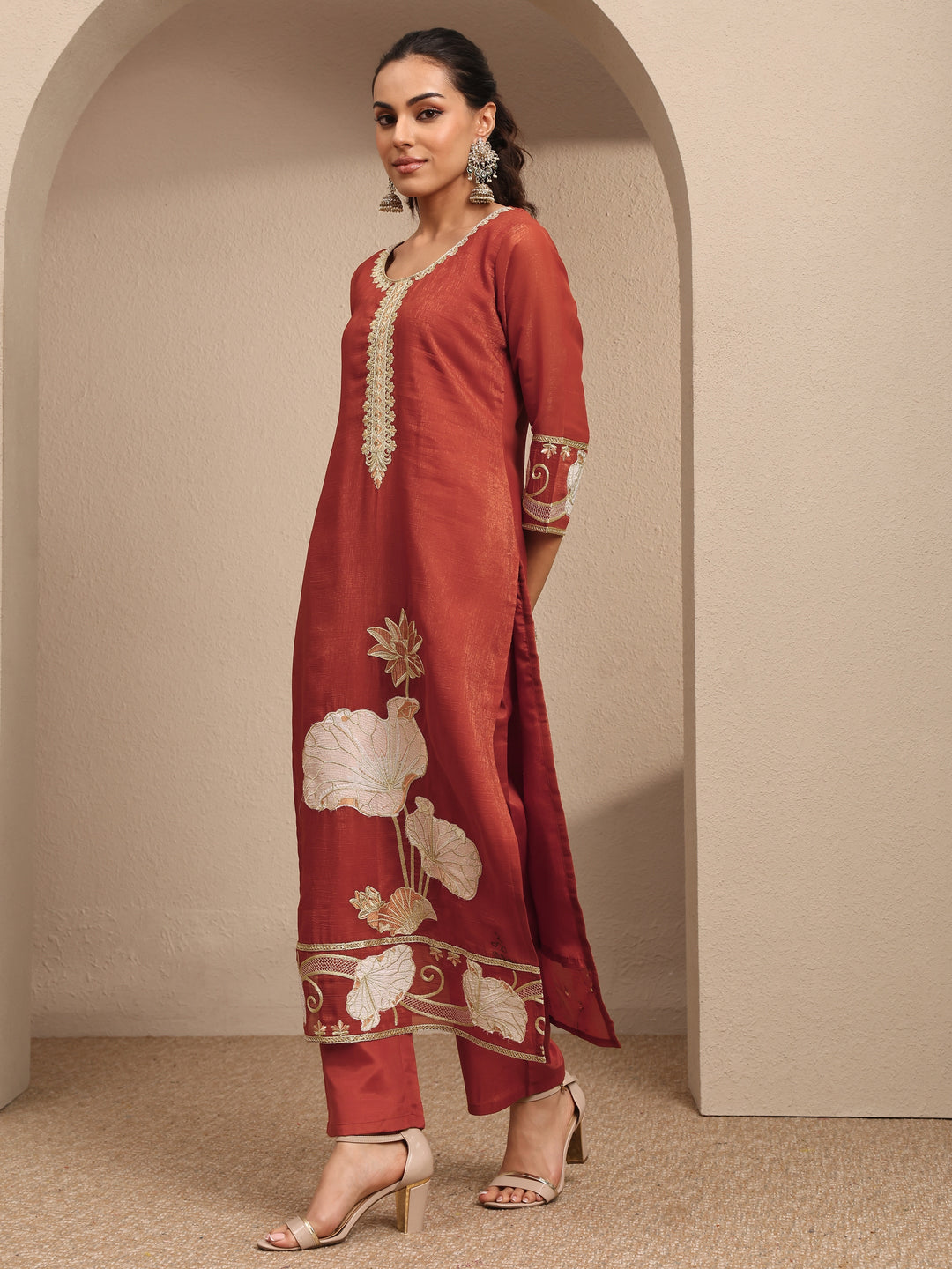 Rust Embroidered Chinon Straight Suit Set With Dupatta