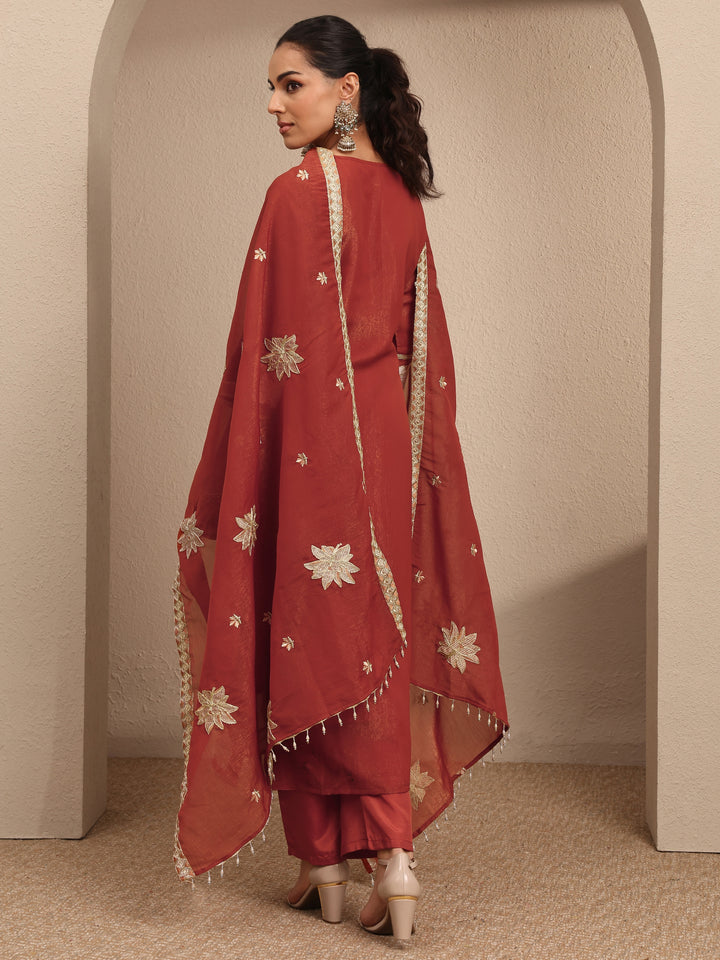 Rust Embroidered Chinon Straight Suit Set With Dupatta