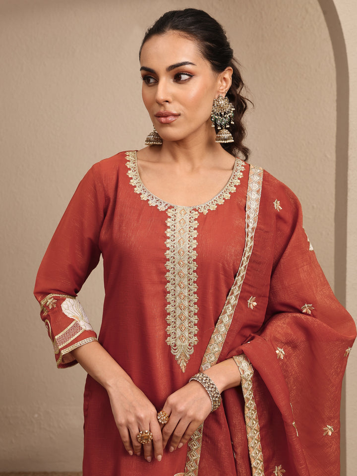 Rust Embroidered Chinon Straight Suit Set With Dupatta