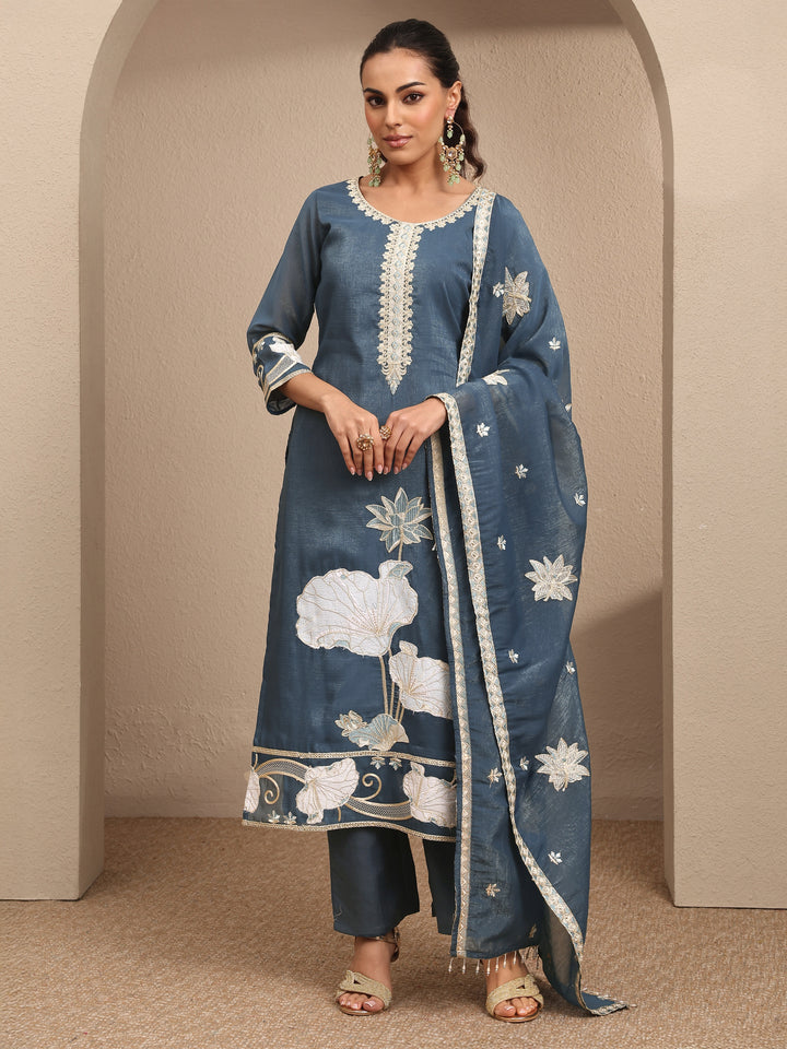 Blue Embroidered Chinon Straight Suit Set With Dupatta
