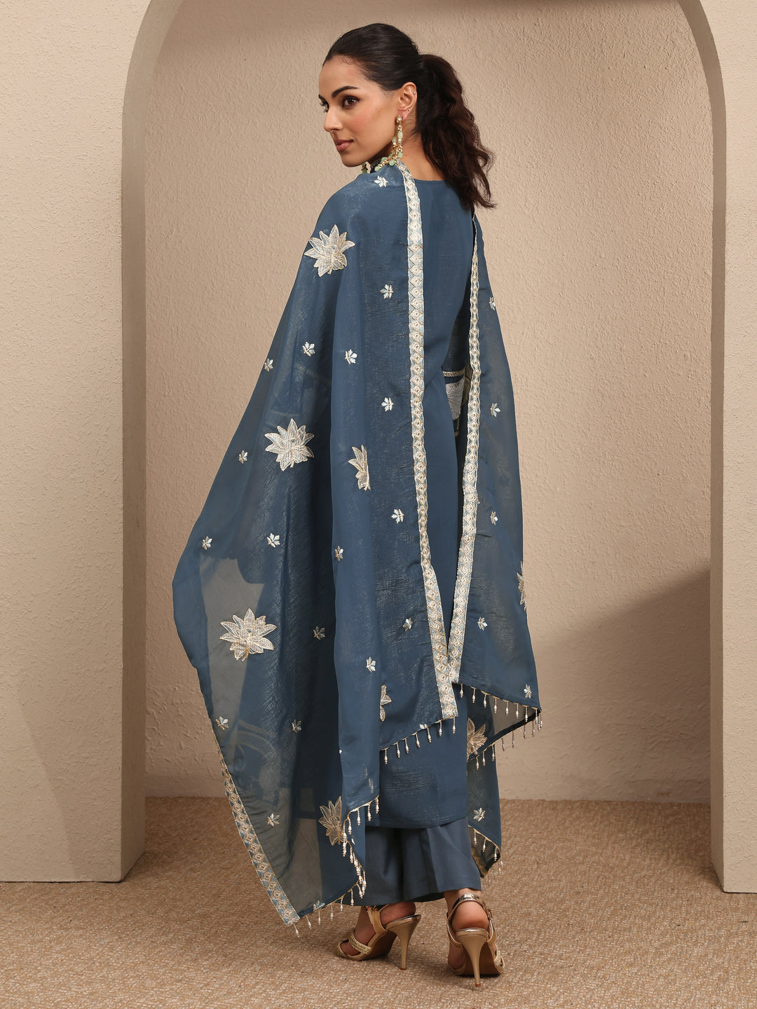 Blue Embroidered Chinon Straight Suit Set With Dupatta