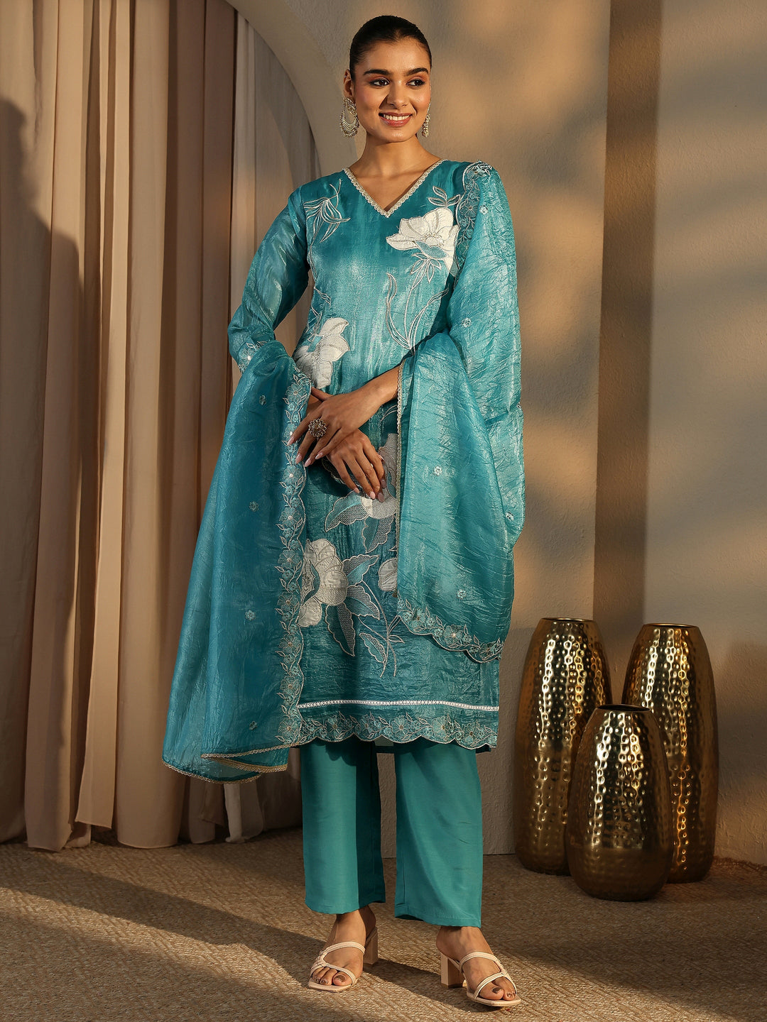 Blue Embroidered Organza Straight Suit Set With Dupatta