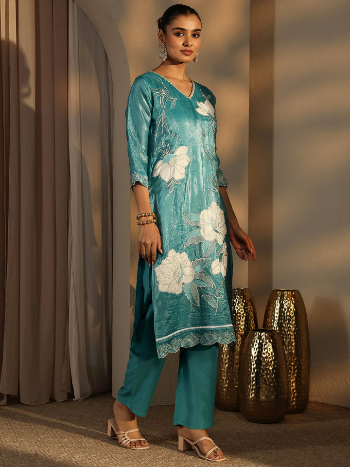 Blue Embroidered Organza Straight Suit Set With Dupatta