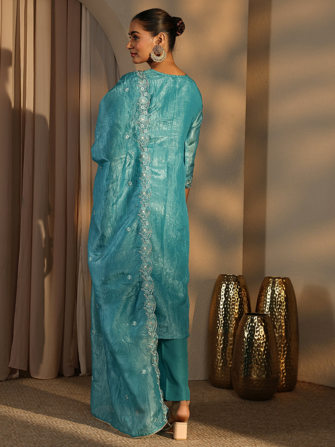 Blue Embroidered Organza Straight Suit Set With Dupatta
