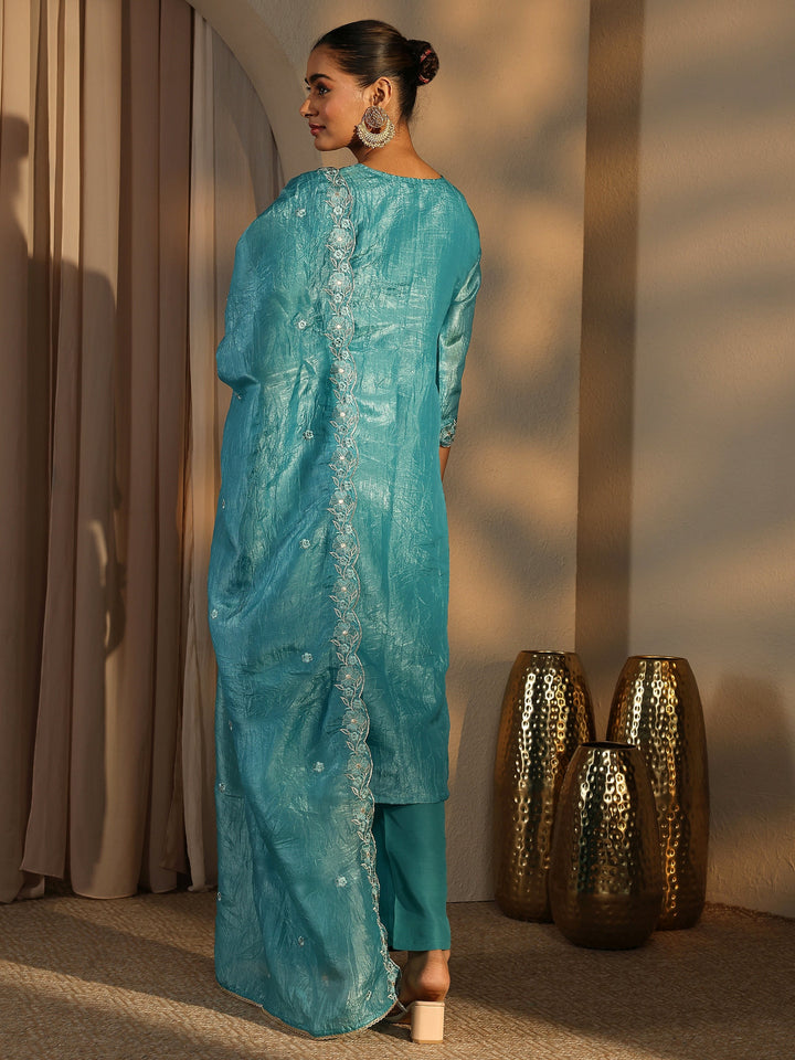Blue Embroidered Organza Straight Suit Set With Dupatta