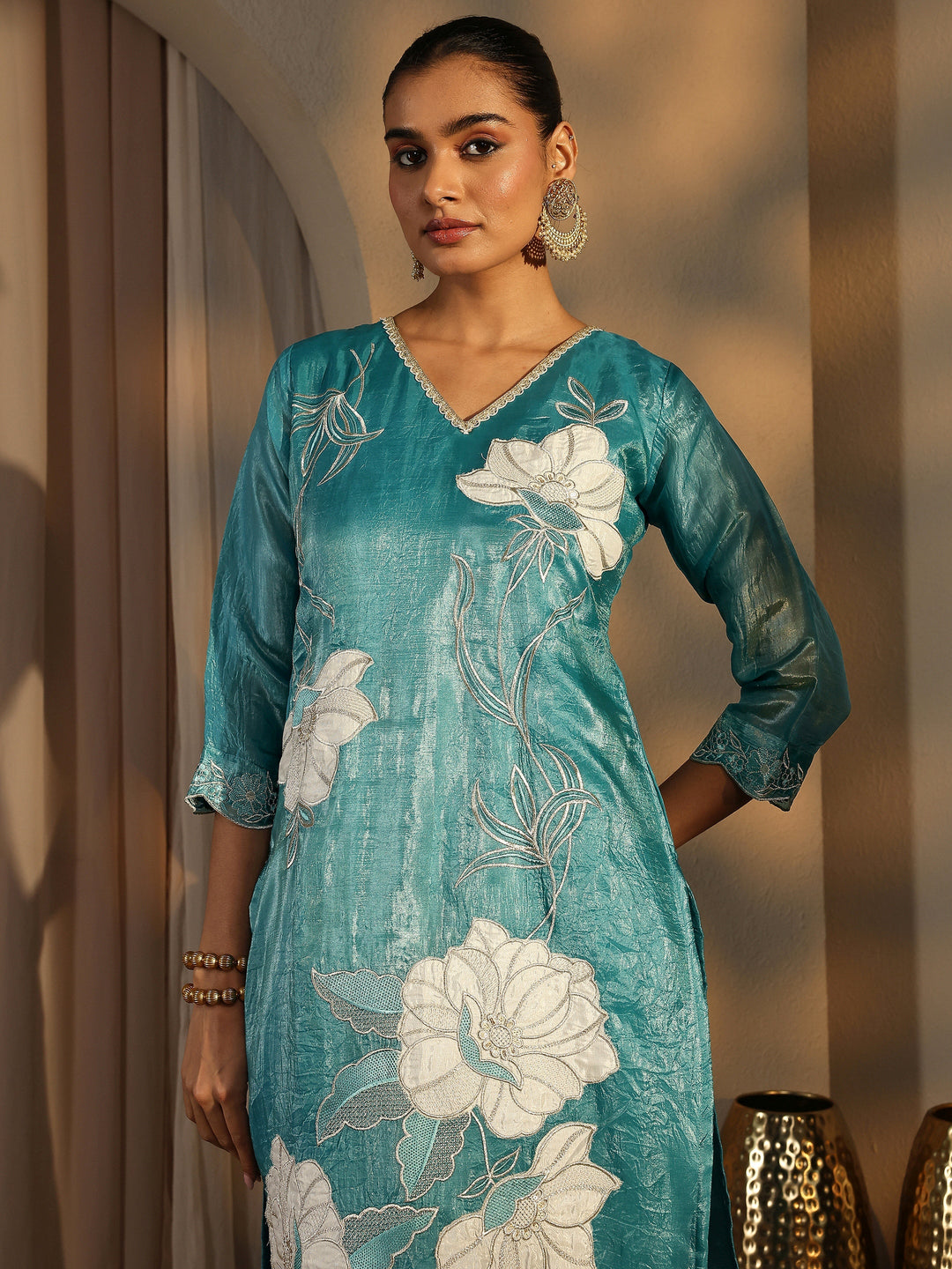 Blue Embroidered Organza Straight Suit Set With Dupatta