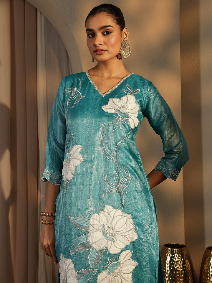 Blue Embroidered Organza Straight Suit Set With Dupatta