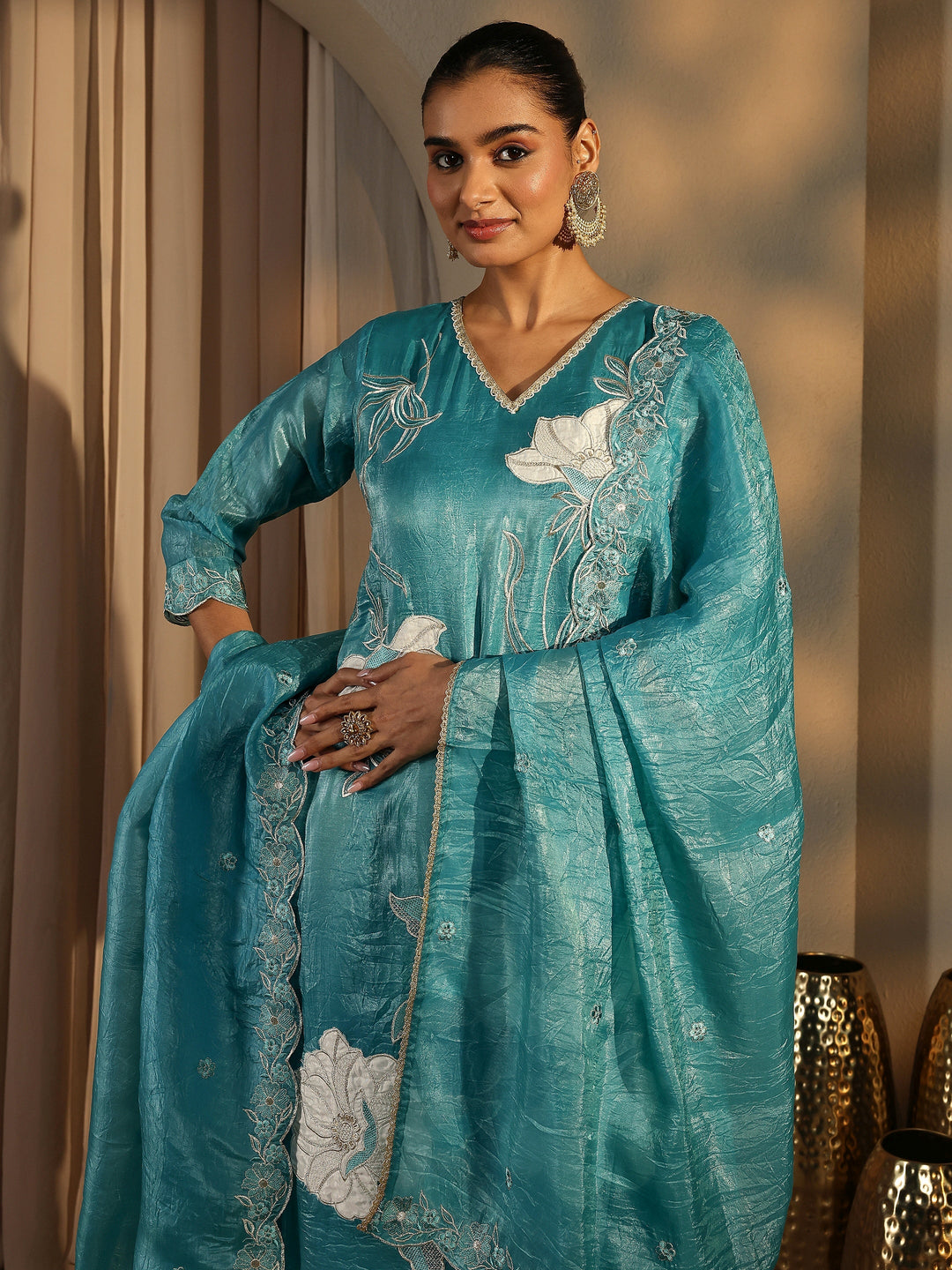 Blue Embroidered Organza Straight Suit Set With Dupatta