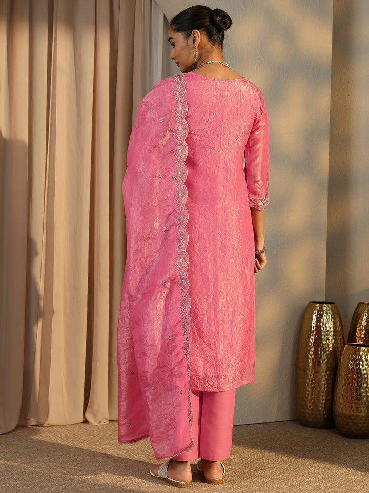 Pink Embroidered Organza Straight Suit Set With Dupatta