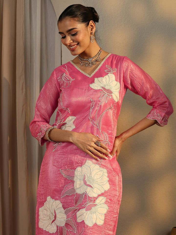 Pink Embroidered Organza Straight Suit Set With Dupatta