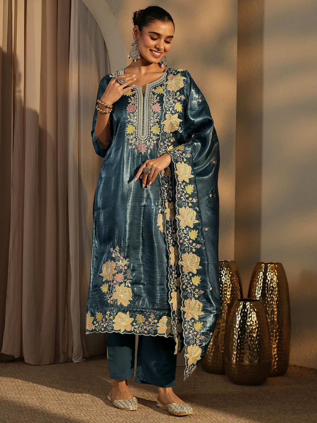 Teal Embroidered Organza Straight Suit Set With Dupatta