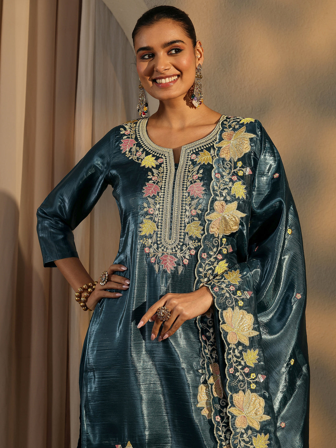 Teal Embroidered Organza Straight Suit Set With Dupatta