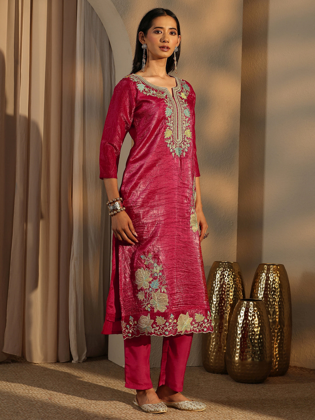 Pink Embroidered Organza Straight Suit Set With Dupatta
