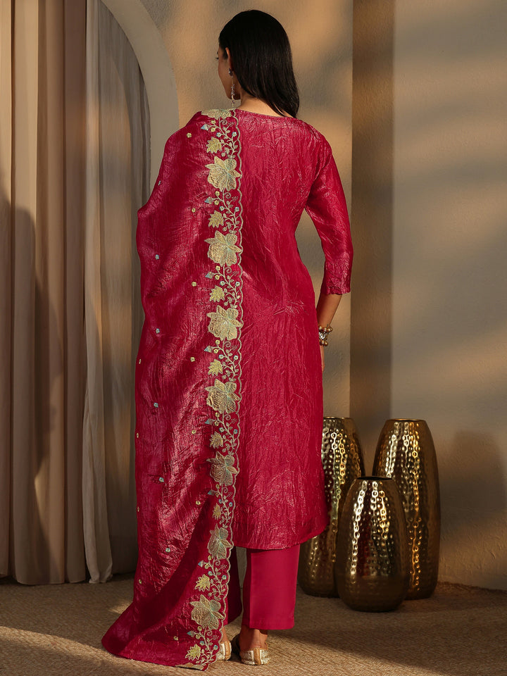 Pink Embroidered Organza Straight Suit Set With Dupatta
