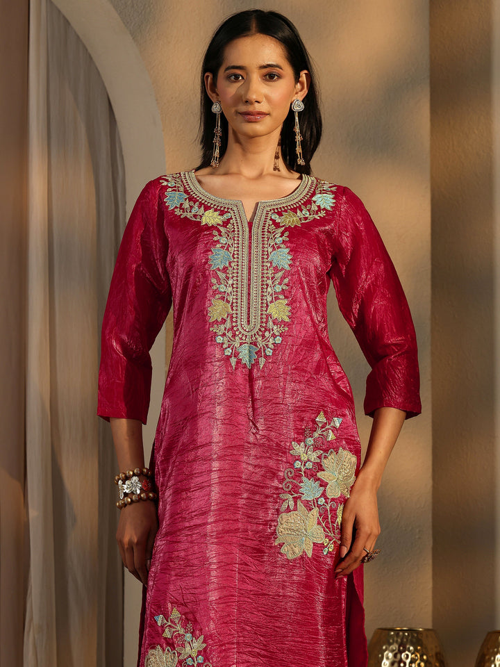 Pink Embroidered Organza Straight Suit Set With Dupatta