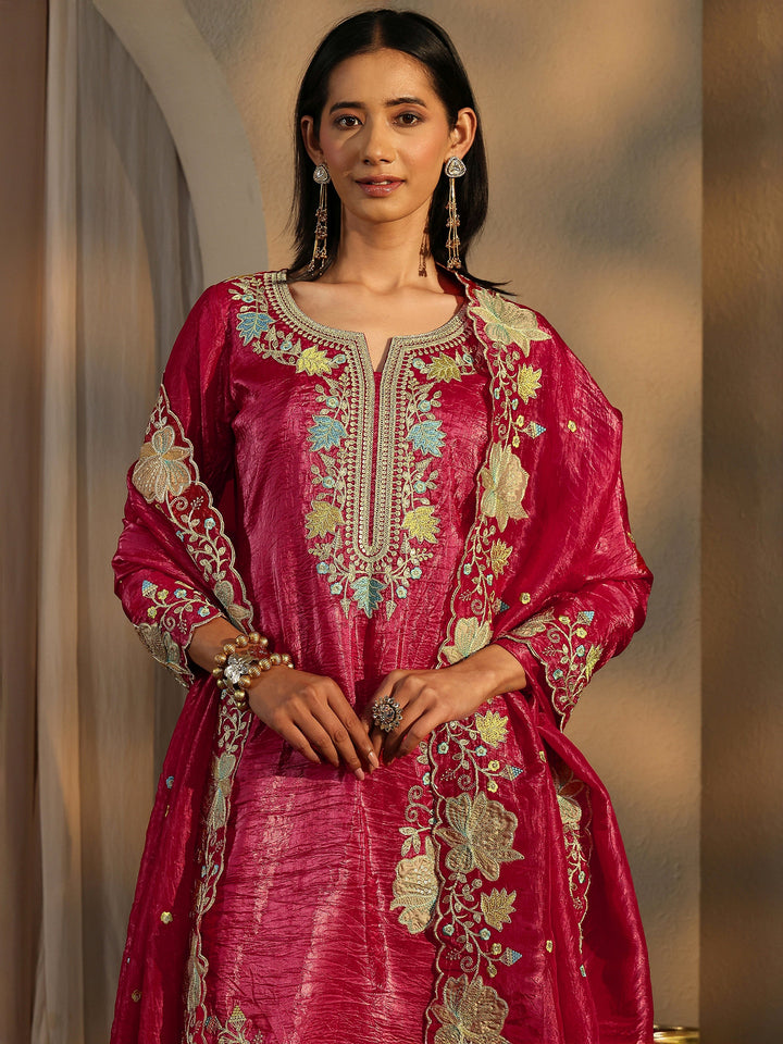 Pink Embroidered Organza Straight Suit Set With Dupatta