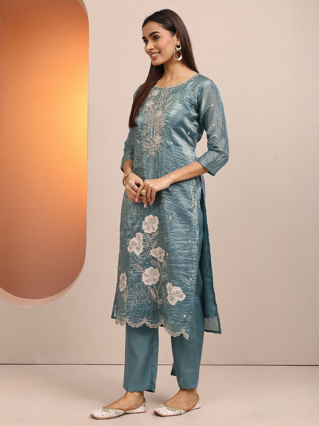 Blue Embroidered Organza Straight Suit Set With Dupatta