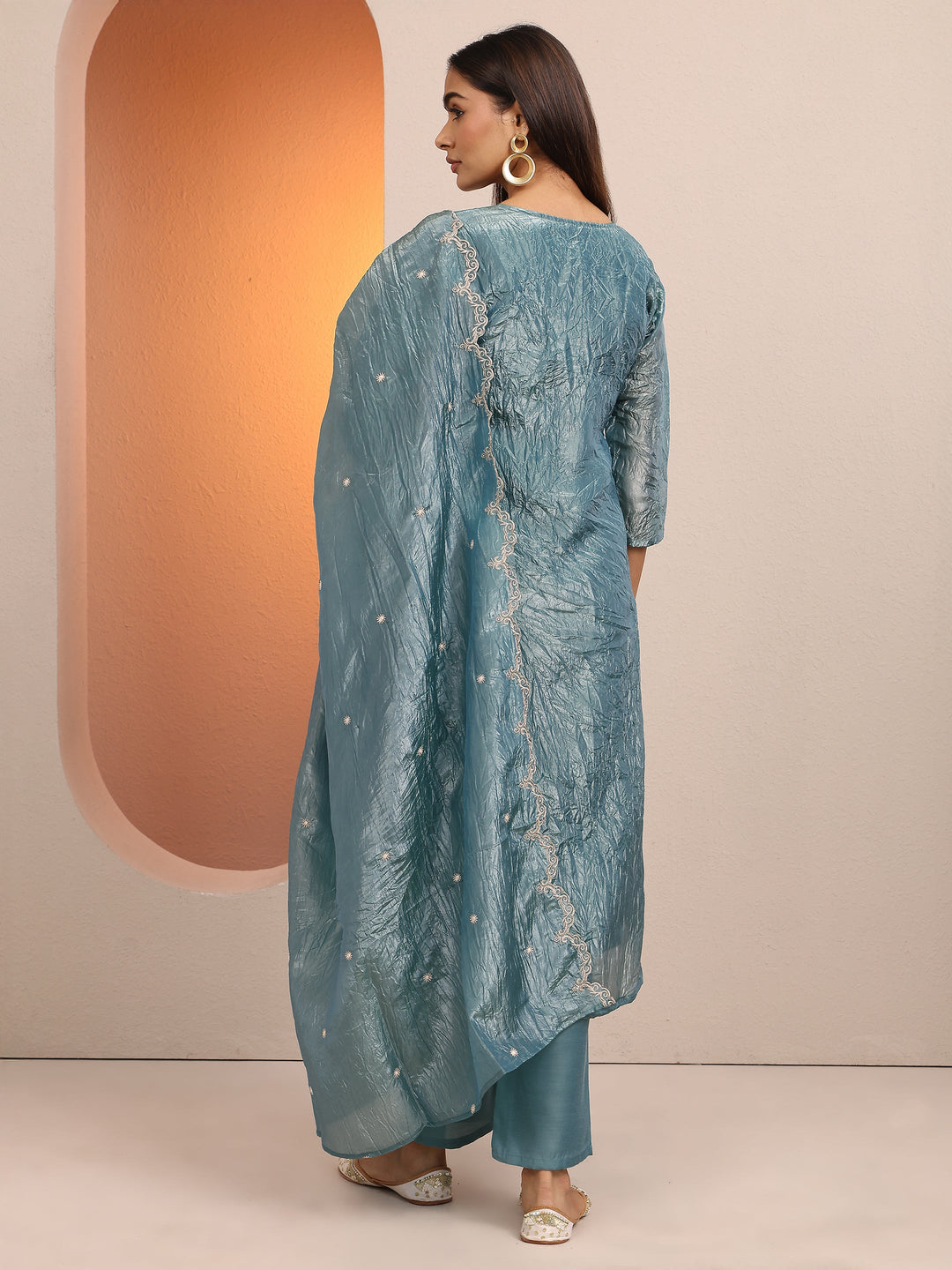Blue Embroidered Organza Straight Suit Set With Dupatta
