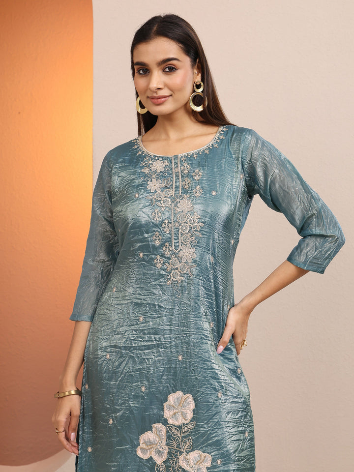 Blue Embroidered Organza Straight Suit Set With Dupatta