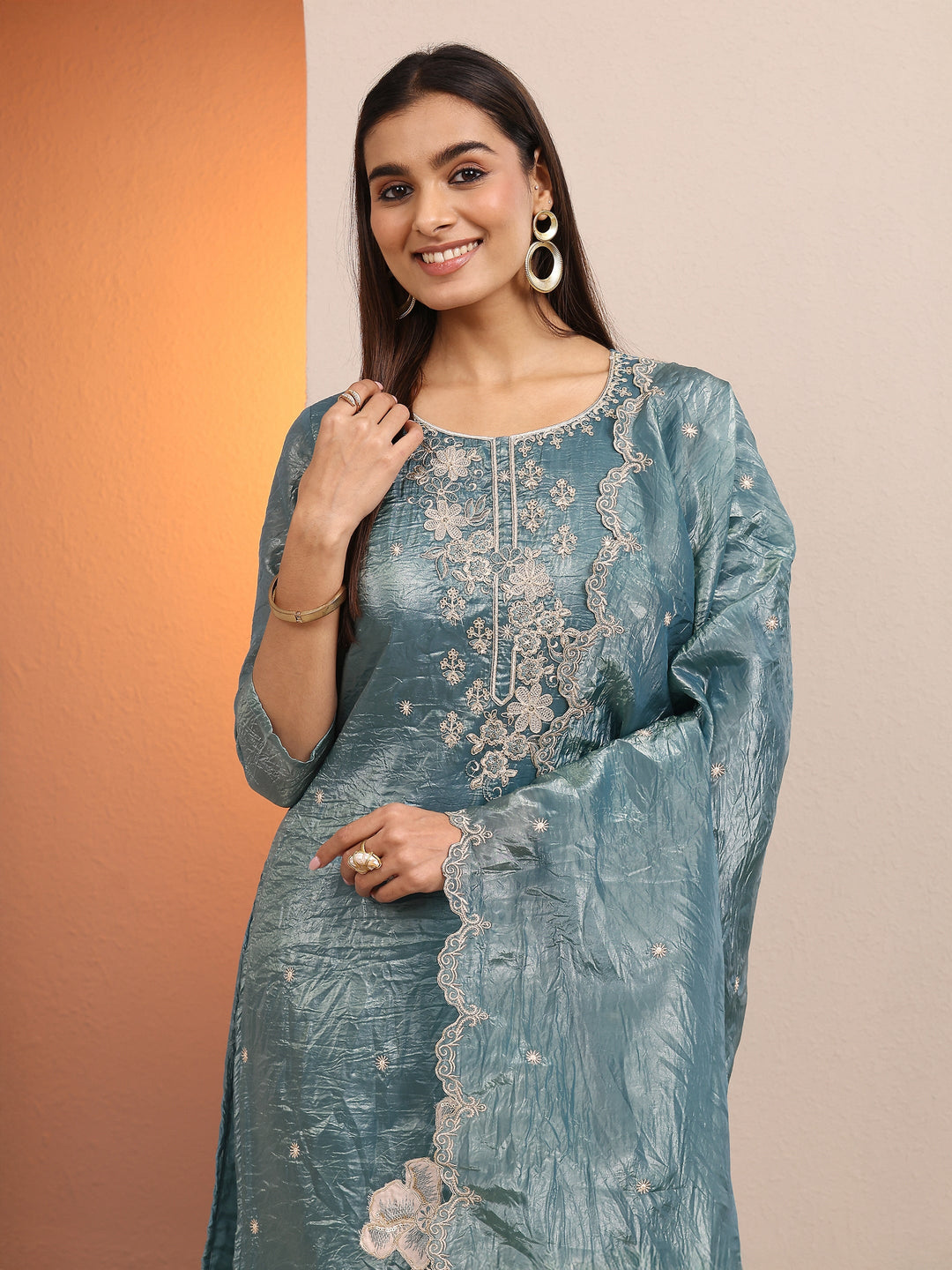 Blue Embroidered Organza Straight Suit Set With Dupatta