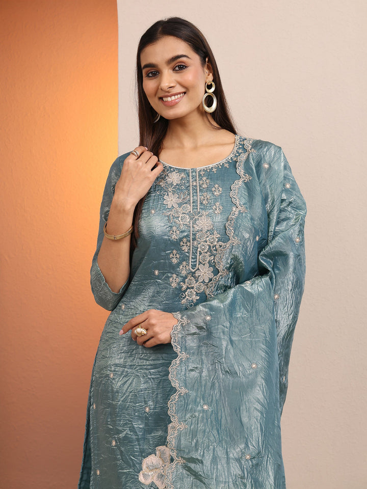 Blue Embroidered Organza Straight Suit Set With Dupatta