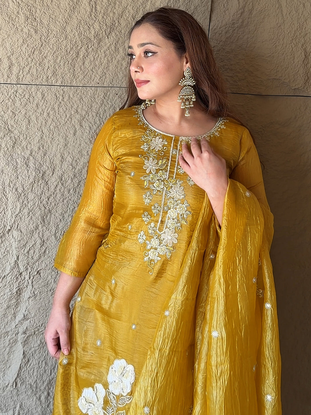 Mustard Embroidered Organza Straight Suit Set With Dupatta