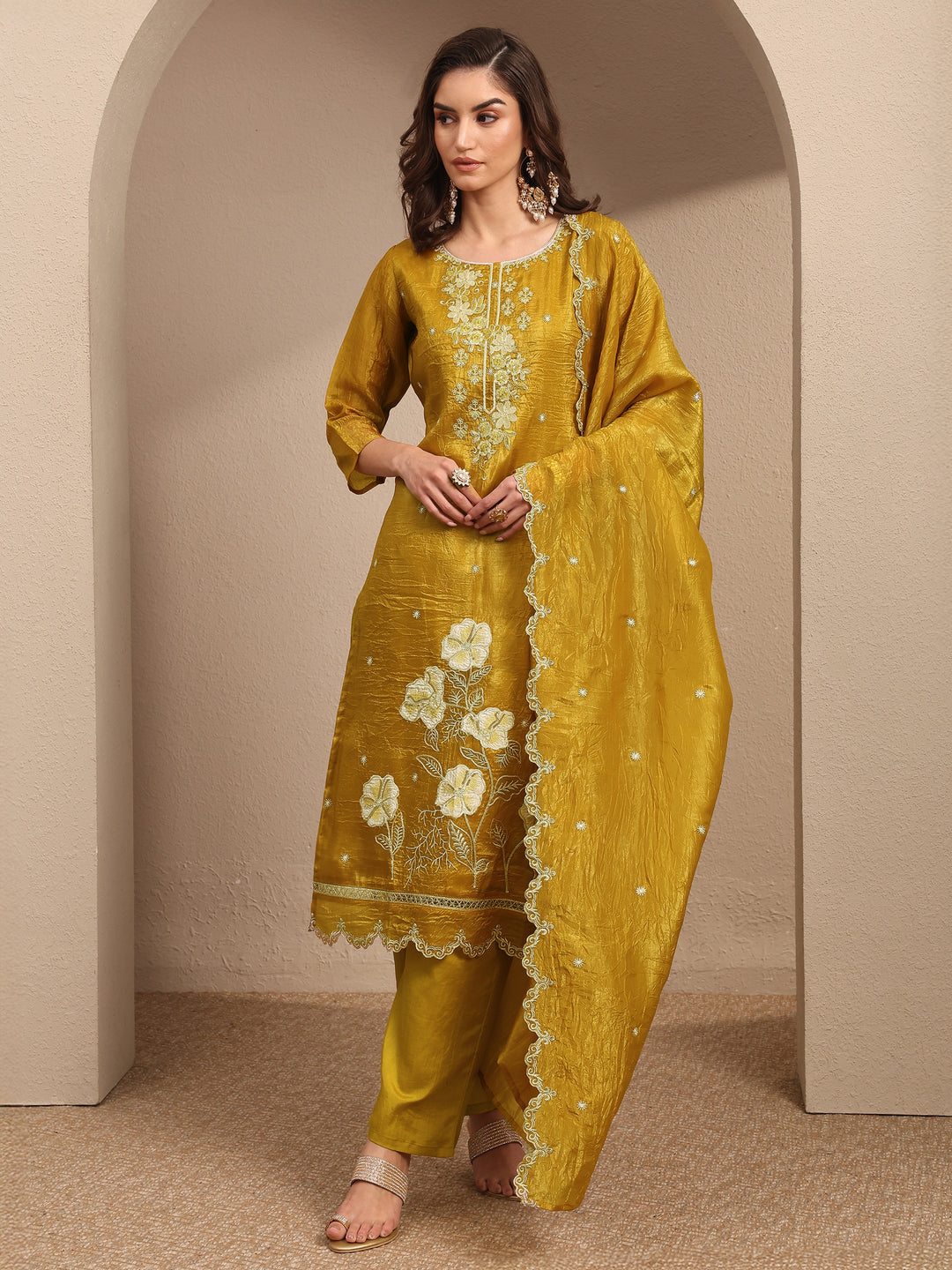 Mustard Embroidered Organza Straight Suit Set With Dupatta