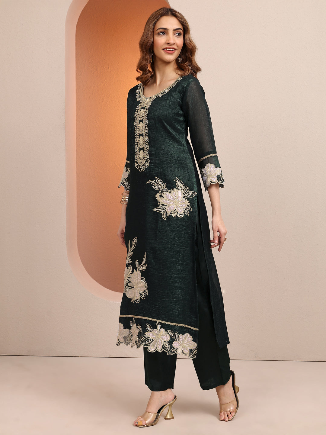 Green Embroidered Chinon Straight Suit Set With Dupatta