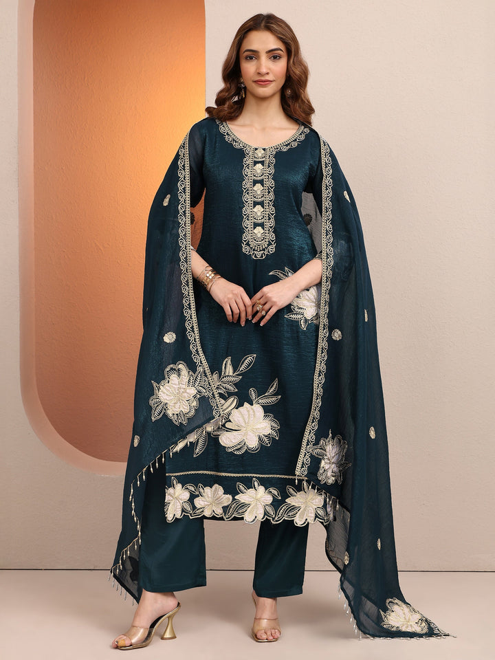 Teal Embroidered Chinon Straight Suit Set With Dupatta