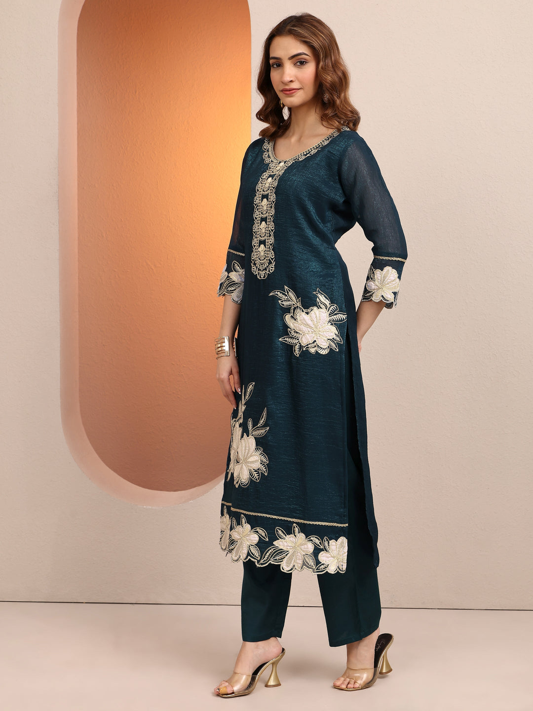 Teal Embroidered Chinon Straight Suit Set With Dupatta