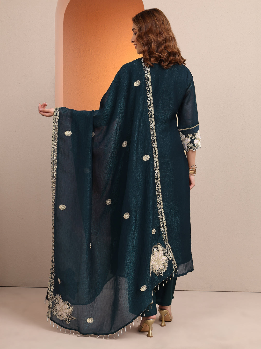Teal Embroidered Chinon Straight Suit Set With Dupatta