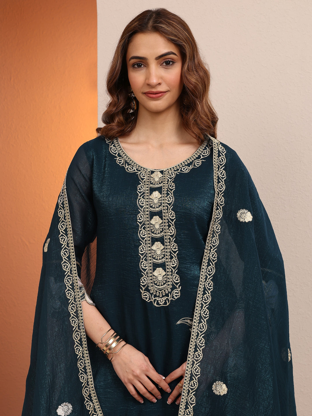 Teal Embroidered Chinon Straight Suit Set With Dupatta