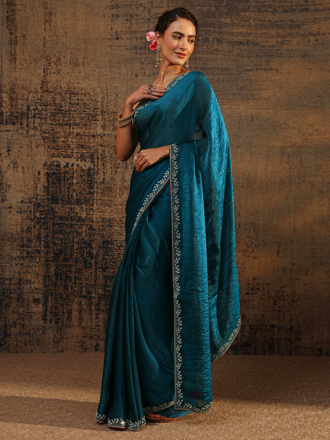 Blue Solid Satin Saree With Unstitched Blouse Piece