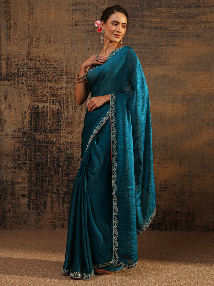Blue Solid Satin Saree With Unstitched Blouse Piece