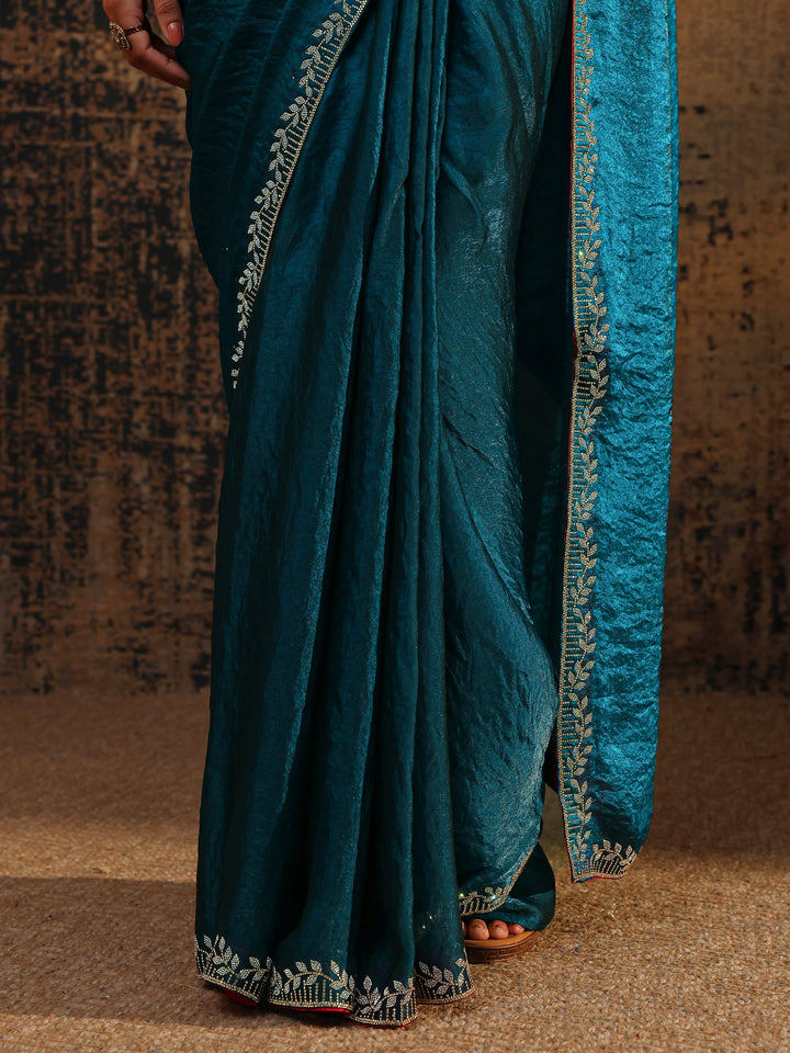 Blue Solid Satin Saree With Unstitched Blouse Piece