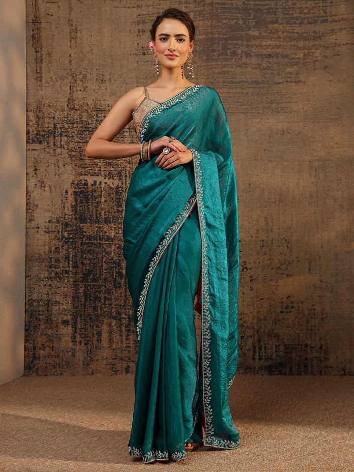 Green Solid Satin Saree With Unstitched Blouse Piece